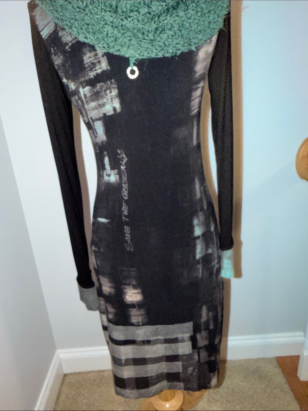 Save The Queen Long Sleeve Graphic Dress with Teal Knit Cowl and Black Sleeves - Picture 10 of 13